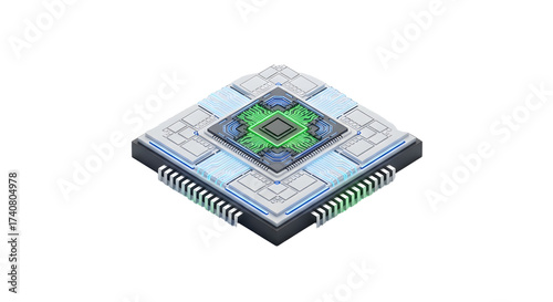 Advanced Computer Microprocessor Chip with Green and Blue Circuitry on Gray Background