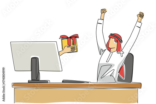 Single continuous line drawing hands out of the monitor screen while holding a gift box. Surprise from fellow reliable business people. Happy. Things from Screen. One line design vector illustration
