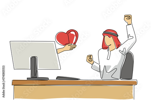 Single continuous line drawing hands out of the monitor screen while holding a love. Joy of heart with love. Warm support full of love. Caring. Things from Screen. One line design vector illustration