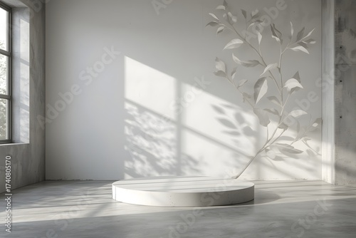 Background White Wall Studio with Shadow Leaves, Concrete background