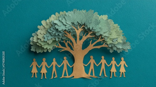 Diverse community holding hands beneath a vibrant, flourishing tree symbolizing growth, unity, and interconnectedness in a supportive environment