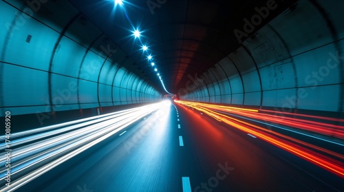 A tunnel with streaks of light from moving vehicles, illuminated by blue lights.