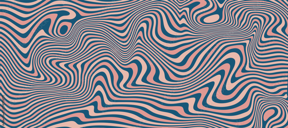 Naklejka premium Liquid swirl abstract texture in blue and pink. Psychedelic background with fluid, distorted contour lines for a trendy and modern wallpaper or poster design.