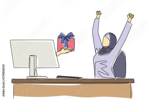 Single one line drawing hands out of the monitor screen while holding a gift box. The feeling of enthusiasm for receiving a surprise. Things from Screen. Continuous line design graphic illustration