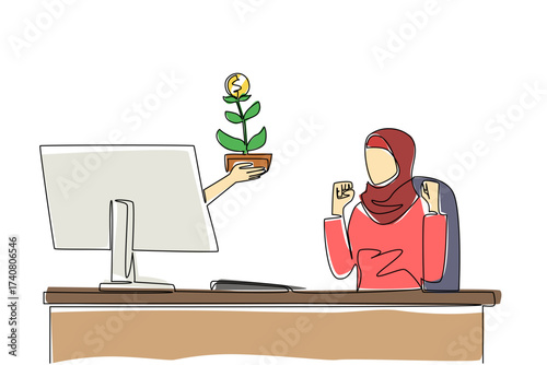 Single continuous line drawing hands out of the monitor screen while holding a money tree with dollar coin fruit. Investing patience pays off. Things from Screen. One line design vector illustration
