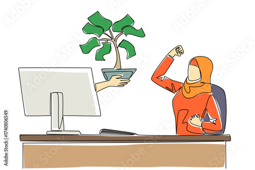 Single continuous line drawing hands out of the monitor screen while holding money tree with leaves made of banknotes. Investment. Profit. Fun. Things from Screen. One line design vector illustration