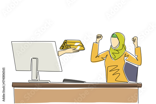 Single one line drawing hands out of the monitor screen while holding a  gold stack. More benefits from gold investment. Enthusiastic. Things from Screen. Continuous line design graphic illustration