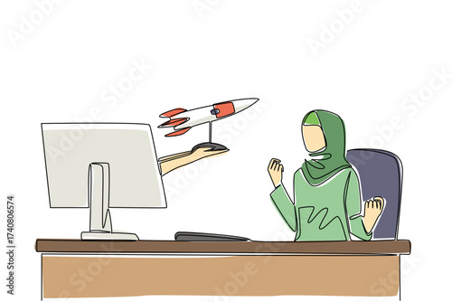 Continuous one line drawing hands out of the monitor screen while holding a  rocket. The hard worker who perseveres until she succeeds. Things from Screen. Single line draw design vector illustration