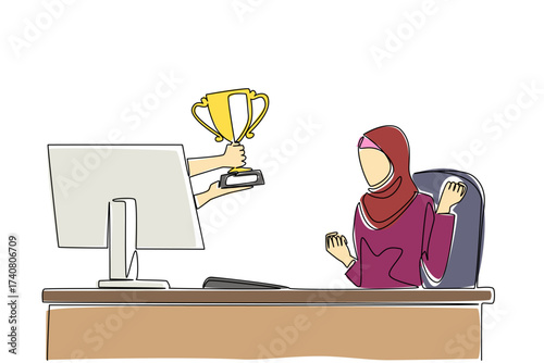 Single one line drawing hands out of the monitor screen while holding a trophy. True winners get recognition. Feeling of enthusiasm. Things from Screen. Continuous line design graphic illustration