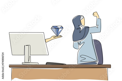 Single one line drawing hands out of the monitor screen while holding a diamond. A luxurious surprise resulting from hard work. Happy. Things from Screen. Continuous line design graphic illustration