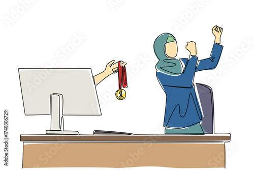 Single continuous line drawing hands out of the monitor screen while holding medal. Always at the forefront of business innovation. Recognition. Things from Screen. One line design vector illustration