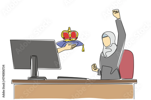 Continuous one line drawing hands out of the monitor screen while holding a crown. Sole successor to the position of the company. Owner. Things from Screen. Single line draw design vector illustration