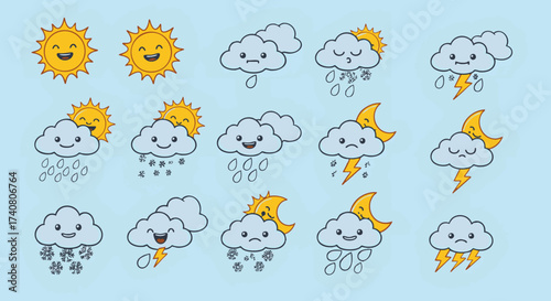 Weather Icon Set A Collection of Smiling Suns, Clouds, Rain, and Lightning for Design