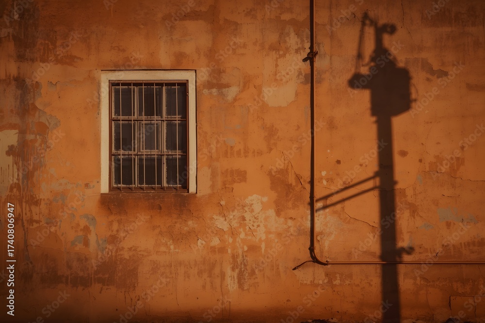 Fototapeta premium Orange brown cement wall with window and cable line shadow background
