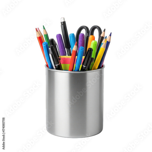 A shiny silver cup holds a colorful assortment of pens, pencils, markers, and scissors