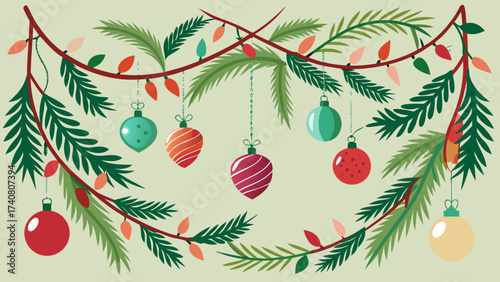 Vector art of a festive garland of christmas ornaments and pine branches creates a warm and inviting holiday atmosphere, perfect for seasonal designs