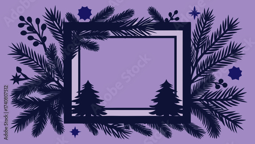 Vector art of festive frame with fir branches and christmas trees, perfect for holiday greetings and invitations