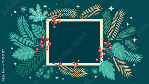 Vector art of festive winter frame with fir branches, leaves, and berries on a dark teal background, perfect for christmas and new years greetings and invitations