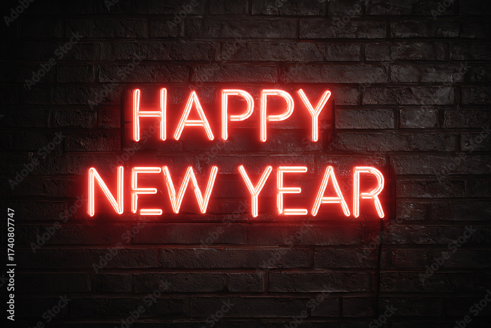 Obraz premium Bright neon sign wishing a happy new year, a festive design element for celebrations and holiday promotions, perfect for greeting cards and social media