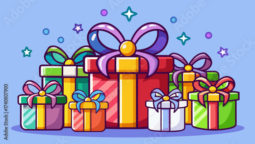 Vector art of a cheerful arrangement of colorful gift boxes with ribbons and bows, perfect for celebrating birthdays, holidays, and special occasions with joy and delight
