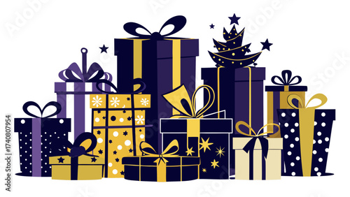 Vector art of a festive array of beautifully wrapped gifts in various sizes and colors, adorned with ribbons and bows, perfect for holiday celebrations and special occasions