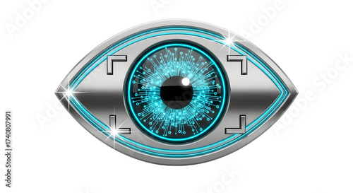Futuristic Digital Eye Icon with Blue Circuitry and Metallic Frame