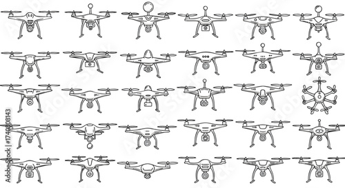 Assortment of Drone Technology Line Art Icons and Futuristic UAV Pictograms for Digital Design Projects