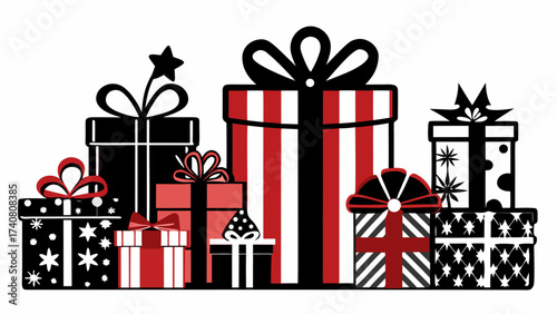 Vector art of a festive array of christmas presents, beautifully wrapped in red, black, and white, , ready for the holiday season