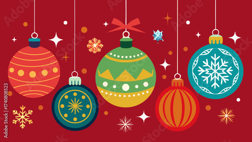 Vector art of festive christmas ornament background with a variety of colorful baubles and snowflakes hanging on a red backdrop, perfect for holiday greetings and designs