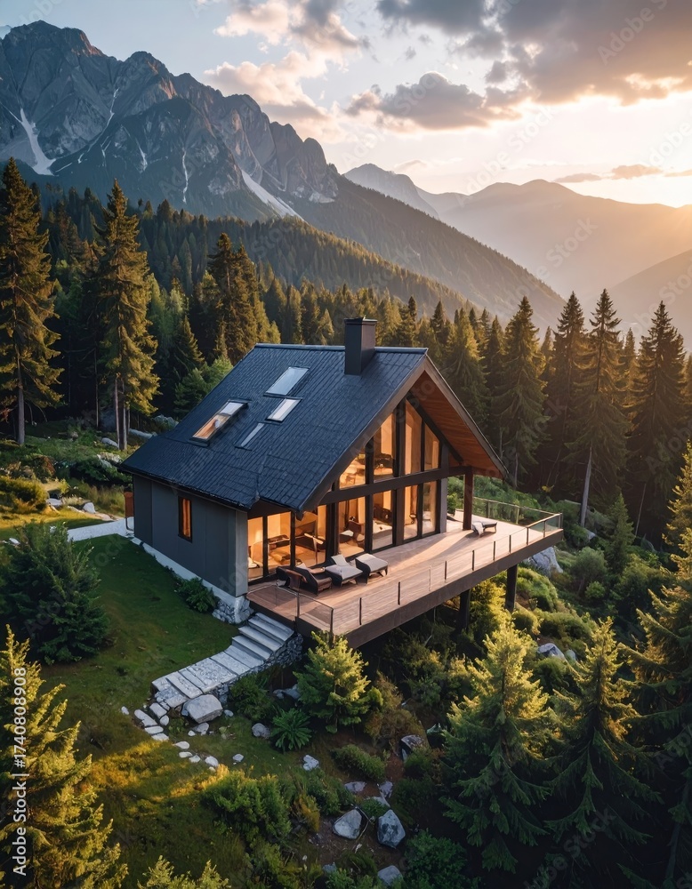 Fototapeta premium modern mountain house with large windows in forest