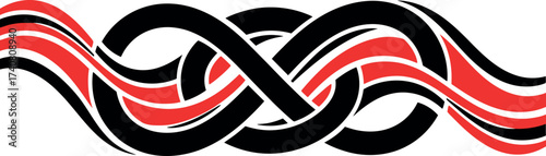 Black and red vector illustration of a continuous celtic knot or infinity loop with flowing abstract ribbon waves, a stylized graphic for connection, eternal unity, and tribal design borders.