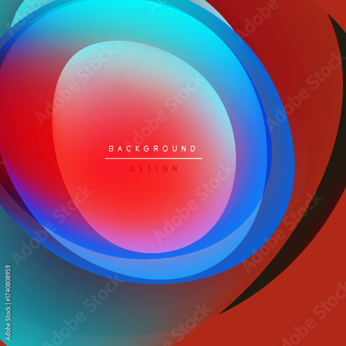 Abstract layers create vibrant circular design. Red, blue hues blend smoothly, forming dynamic visual impact. Modern aesthetic.