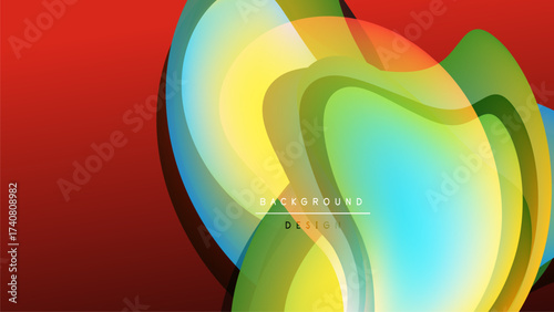 Abstract vibrant layers create flowing form. Colors blend, offering dynamic visual experience. Background is dark red, black.