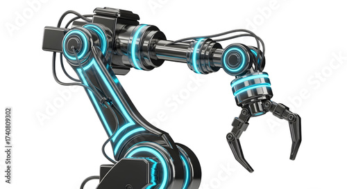 Futuristic Industrial Robot Arm with Claw in Dark Metallic Style with Blue Neon Highlights