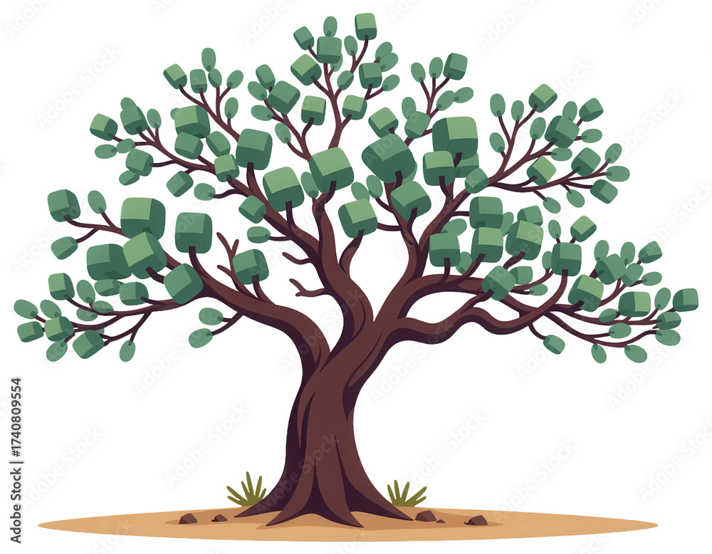 Fototapeta premium Vibrant Cartoon Tree with Green Leaves on a Brown Trunk