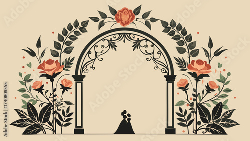 Vector art of elegant wedding arch with roses and leaves romantic floral decoration vector illustration for ceremony and invitation card design