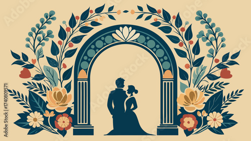 Vector art of wedding arch with flowers and leaves romantic floral decoration vector illustration for ceremony and invitation card design