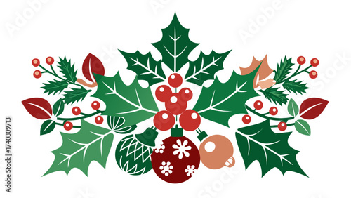 Vector art of festive christmas ornament arrangement, featuring holly leaves, berries, and decorative baubles in red, green and brown