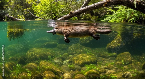 Duck-billed platypus swimming in water, rare egg-laying mammal of Australia, symbol of uniqueness, evolution, and freshwater wildlife.