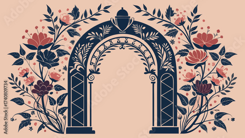 Vector art of ornate floral arch with roses, perfect for wedding invitations and romantic designs, adding a touch of natural beauty and sophistication to any project