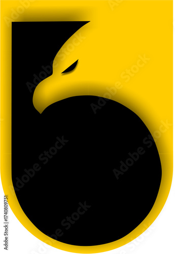 A modern graphic insignia featuring a stylized golden eagle head on a black shield.