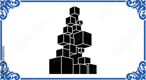 Black and white vector silhouette of an abstract stack of tumbling 3d cubic boxes or digital pixels, representing construction, data storage, chaotic arrangement, and modern technology or development.