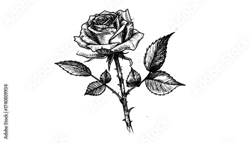 Elegant Black and White Rose Drawing with Detailed Petals and Leaves