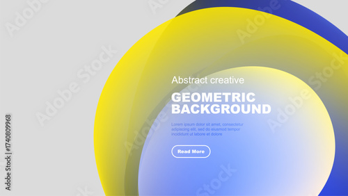 Abstract geometric shapes overlap, creating vibrant color gradients. Text promotes creative background design, inviting further exploration.