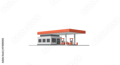 Modern Gas Station with Orange Canopy and Fuel Pumps.