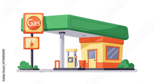 Cartoon Gas Station with Green Canopy and Orange Accents Signage and Pump.