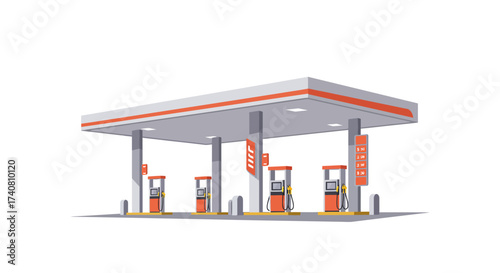 Modern Gas Station with Multiple Pumps and Canopy.