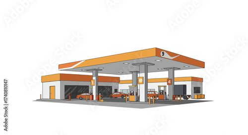 Orange and White Gas Station with Cars Illustration.