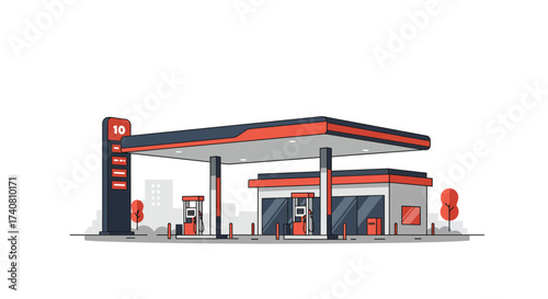 Modern Gas Station Illustration with Red and Gray Design.