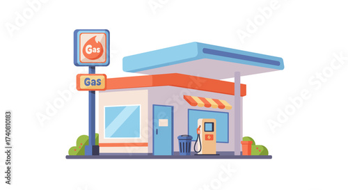 Cartoon Gas Station with Sign and Pump.
